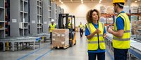 Diverse warehouse workers in safety vests discussing logistics operations in modern distribution center with forklift and storage shelves.