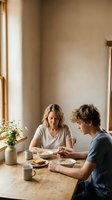 Caucasian mother and teenage son sharing a quiet morning breakfast at a rustic wooden table with cereal, toast, and mugs in warm natural light.