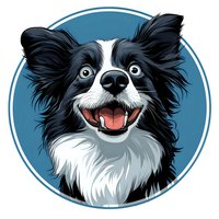 Happy Border Collie dog portrait with black and white fur, smiling expression, and alert ears against round blue background. Isolated vector art for logos and design.