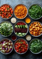 Colorful healthy meal prep bowls with fresh vegetables, legumes, greens and grains arranged on dark surface for nutritious eating and cooking.