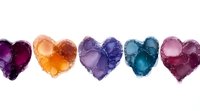 Colorful watercolor hearts in purple, orange, lavender, blue and burgundy shades arranged in row on white background, artistic romantic design element.