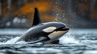 Majestic orca whale breaching ocean surface with water splashing, dramatic orange sunset sky and bokeh snow effect creates atmospheric wildlife scene.