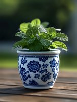 Fresh mint leaves growing in traditional blue and white ceramic pot with floral pattern, placed on wooden surface against blurred garden background.