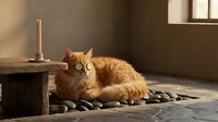 Orange tabby cat resting peacefully on stone floor in warm sunlit room with rustic wooden furniture and candle creating cozy domestic atmosphere.