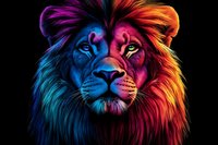 Majestic lion head portrait with vibrant rainbow colored mane against black background, artistic wildlife illustration featuring dramatic neon lighting effects.