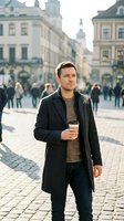 Handsome Caucasian man in dark coat holding coffee cup standing on cobblestone square in historic European city center with blurred crowd and architecture background.
