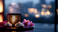 Romantic evening setup with glowing oriental lantern, delicate pink orchids and meringue cookies on dark table against blurred city lights background.