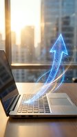 Digital growth arrow emerging from laptop screen with glowing particles in modern office setting representing business success and technological advancement.
