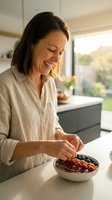 Happy middle-aged Caucasian woman preparing healthy breakfast bowl with fresh berries in modern kitchen. Nutritious morning meal lifestyle concept.
