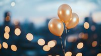 Golden balloons against blurred city lights at dusk, creating festive atmosphere for celebration, party, or special event backdrop.