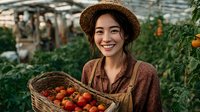 Young Asian woman farmer smiling while holding basket of fresh tomatoes in greenhouse. Sustainable agriculture and organic farming concept for healthy lifestyle.