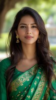 Young South Asian woman in traditional green sari with gold embroidery and jhumka earrings smiling outdoors in natural sunlight for cultural fashion portrait.