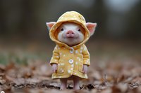 Adorable pink piglet wearing yellow polka dot raincoat and matching hat standing on autumn leaves, whimsical character design for children's books and nursery decor.
