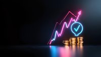 Glowing neon arrow chart rises above stacked gold coins with checkmark symbol, representing financial growth and success on dark background with pink and blue lighting.