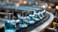 Luxury blue perfume bottles on curved production line in fragrance manufacturing facility with soft bokeh background.