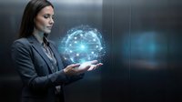 Professional businesswoman holding glowing digital brain hologram representing artificial intelligence and neural networks in modern office environment.