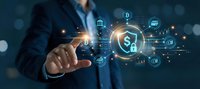 Businessman touching digital dollar sign with glowing financial technology icons and data analytics interface for banking and investment solutions.