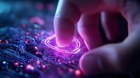 Finger touching glowing digital circuit with purple neon light effects on dark background, futuristic technology concept for business innovation and AI development.