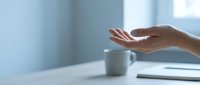 Close-up of open hand gesture at desk with coffee cup and notebook, conveying offering, acceptance, or support in professional environment.
