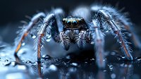 Extreme close-up of jumping spider with hairy legs and multiple eyes in blue tones against dark background, showcasing intricate details of arachnid anatomy.
