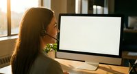 Professional businesswoman with headset working at computer in modern office environment with warm natural lighting for customer service applications.