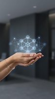 Female hands holding glowing digital network hologram with connected nodes and lines representing blockchain technology and data connectivity in modern office.