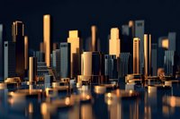 Modern cityscape with golden sunset light reflecting on skyscrapers and calm water surface creating mirror effect, dramatic urban architecture at dusk.