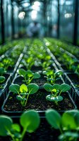 Green seedlings growing in greenhouse trays with bokeh lights creating magical atmosphere for sustainable agriculture and organic farming concepts.