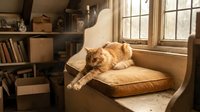 Orange tabby cat relaxing on cushioned window seat in cozy home interior with natural light, shelving, and books for pet, lifestyle, and home decor content.