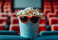 Playful popcorn bucket wearing sunglasses in empty movie theater with red seats in background, creative entertainment concept for cinema and film viewing.