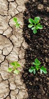 Young green sprouts growing on border between dry cracked earth and fertile soil, representing contrast between drought and life, hope and renewal.