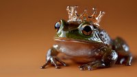 Regal frog wearing ornate golden crown sits majestically on warm brown background, symbolizing transformation, leadership and fairy tale magic.
