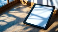 Digital tablet with blank white screen lying on wooden surface with dramatic natural sunlight and tree shadow patterns creating artistic composition.