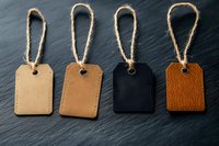 Blank leather tags with jute string in different colors on dark slate background. Eco-friendly price labels for retail and craft use.