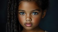 Close up portrait of young African American girl with bright blue eyes and braided hair against dark background, soft lighting highlights natural beauty and innocence.