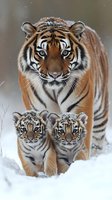 Majestic Bengal tiger mother walking through snowy landscape with two small cubs, showcasing protective parental behavior in winter environment. Wildlife photography.