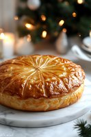 Golden-brown Galette des Rois with flaky puff pastry layers on marble serving board, festive bokeh lights and holiday decorations in background.