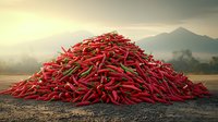 Large pile of fresh red chili peppers harvested and stacked outdoors against misty mountain landscape at sunrise, dramatic natural lighting creates atmospheric scene.