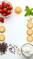 Fresh strawberries, crackers, coffee beans and cream cheese arranged on white background for healthy snacking and breakfast preparation.