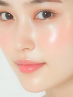 Close-up portrait showcasing natural Asian beauty makeup with glowing skin, coral pink lips, and soft brown eyes against white background. Perfect for cosmetic advertising.