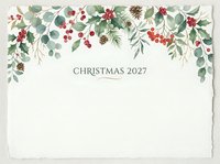 Christmas 2027 holiday greeting card template with festive botanical border featuring red berries, evergreen branches, and seasonal foliage on cream background.