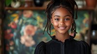 Young African American woman with dreadlocks and bright smile wearing black blouse, portrait against blurred floral background. Natural lighting highlights genuine expression.