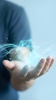 Businessman holding glowing digital network connection with geometric lines and particles floating above open palm representing future technology innovation.