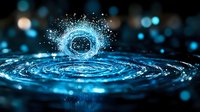 Glowing blue water ripples with magical light ring floating above liquid surface against dark background with bokeh effects and sparkles. Mystical aqua splash.