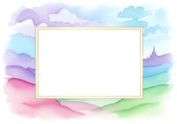 Watercolor frame with pastel rainbow clouds and mountains, blank white space for text or design elements, artistic border for invitations and cards.