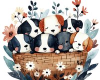 Adorable puppies sleeping together in woven basket surrounded by delicate watercolor flowers and foliage, creating sweet nursery art composition.
