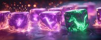 Glowing ice cubes with magical energy trapped inside emit purple and green light against dark background with bokeh effects, creating mystical atmosphere.