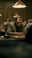 Middle-aged Caucasian man in brown suit concentrating on chess game in dimly lit club with vintage pendant lights and other players in background.