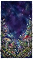 Enchanted forest mushrooms with glowing stars and celestial night sky, featuring magical toadstools, botanical foliage, and cosmic atmosphere. Isolated on dark background for design projects.