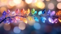 Rainbow colored crystal leaves on branch with soft bokeh lights in background, magical nature macro photography with prismatic reflections and dreamy atmosphere.